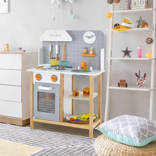 Cuisine Enfants 3 Ans+ en Bois avec Horloge Mignonne Son Réaliste 6 Accessoires Gris