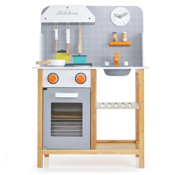 Cuisine Enfants 3 Ans+ en Bois avec Horloge Mignonne Son Réaliste 6 Accessoires Gris