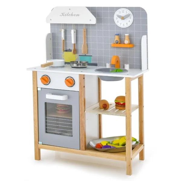 Cuisine Enfants 3 Ans+ en Bois avec Horloge Mignonne Son Réaliste 6 Accessoires Gris