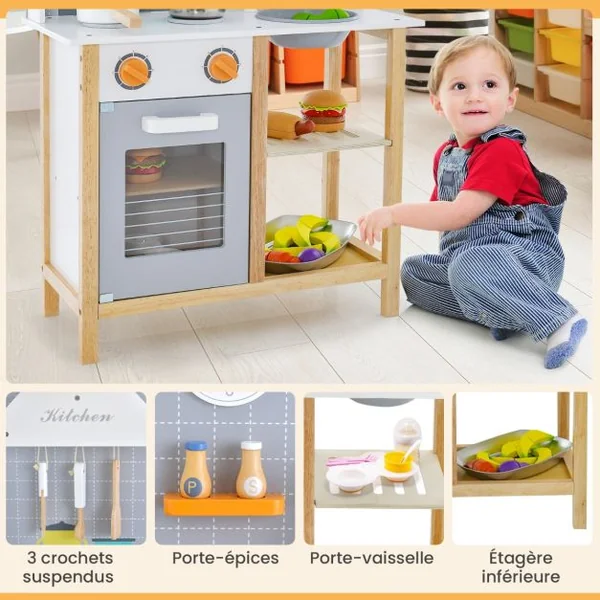 Cuisine Enfants 3 Ans+ en Bois avec Horloge Mignonne Son Réaliste 6 Accessoires Gris