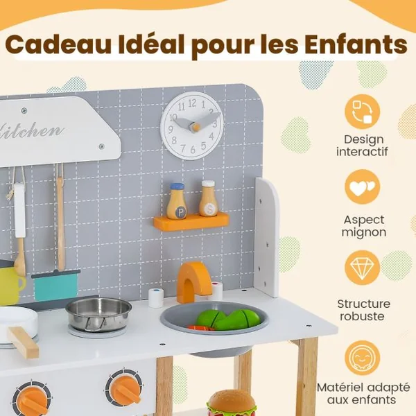 Cuisine Enfants 3 Ans+ en Bois avec Horloge Mignonne Son Réaliste 6 Accessoires Gris