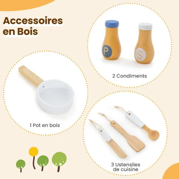 Cuisine Enfants 3 Ans+ en Bois avec Horloge Mignonne Son Réaliste 6 Accessoires Gris