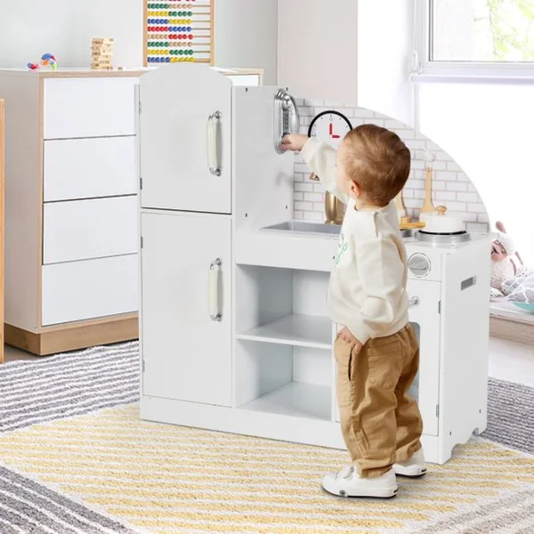 Cuisine Enfants avec Robinet Rotatif & Horloge Téléphone & Micro-ondes Sons d'eau Simulés & Accessoires Riches Jeu de Cuisine pour 3 -7 Ans