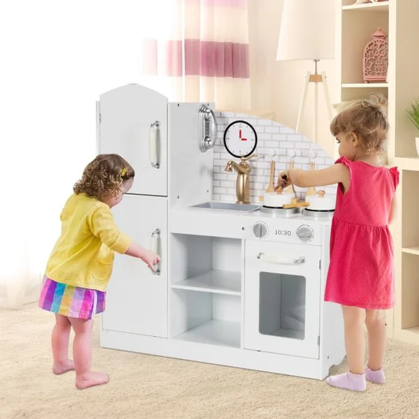 Cuisine Enfants avec Robinet Rotatif & Horloge Téléphone & Micro-ondes Sons d'eau Simulés & Accessoires Riches Jeu de Cuisine pour 3 -7 Ans