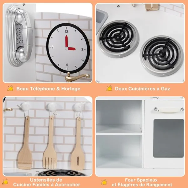 Cuisine Enfants avec Robinet Rotatif & Horloge Téléphone & Micro-ondes Sons d'eau Simulés & Accessoires Riches Jeu de Cuisine pour 3 -7 Ans