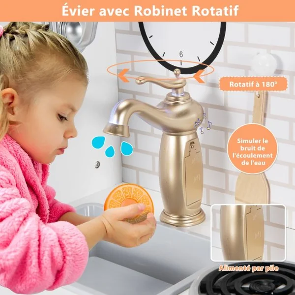 Cuisine Enfants avec Robinet Rotatif & Horloge Téléphone & Micro-ondes Sons d'eau Simulés & Accessoires Riches Jeu de Cuisine pour 3 -7 Ans