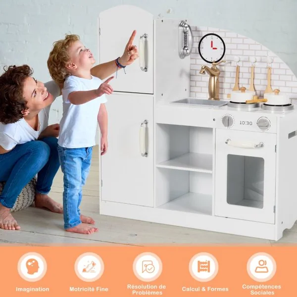 Cuisine Enfants avec Robinet Rotatif & Horloge Téléphone & Micro-ondes Sons d'eau Simulés & Accessoires Riches Jeu de Cuisine pour 3 -7 Ans