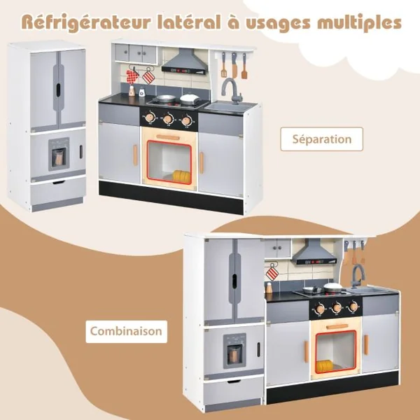 Cuisine Enfants avec Réfrigérateur & 12 Accessoires Jeu de Cuisine avec Machine à Glaçons Espace de Stockage Lumière & Son pour 3 Ans+