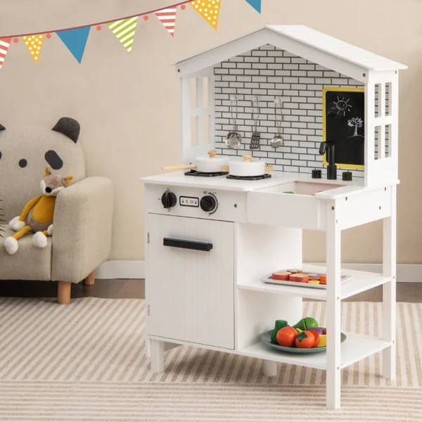 Cuisine Enfants avec Tableau Noir Belles Fenêtres Espace de Rangement Accessoires Riches Cadeau pour Enfants de 3 Ans+