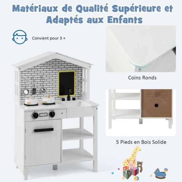 Cuisine Enfants avec Tableau Noir Belles Fenêtres Espace de Rangement Accessoires Riches Cadeau pour Enfants de 3 Ans+