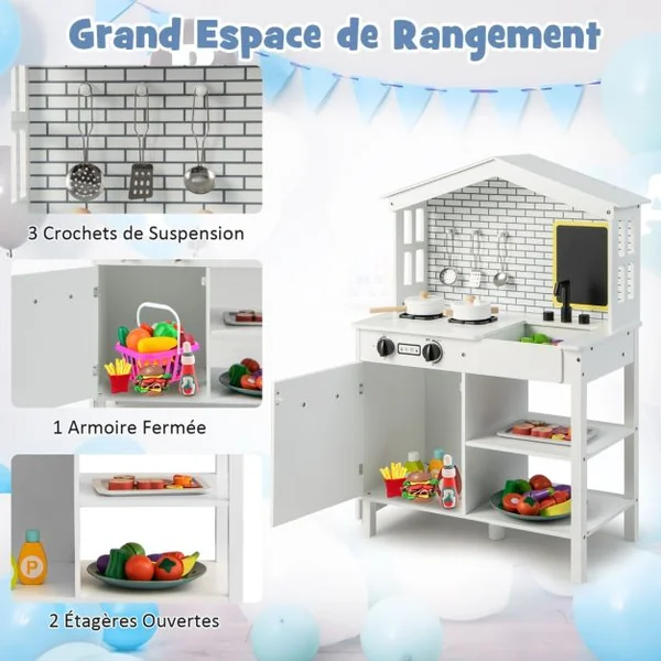 Cuisine Enfants avec Tableau Noir Belles Fenêtres Espace de Rangement Accessoires Riches Cadeau pour Enfants de 3 Ans+