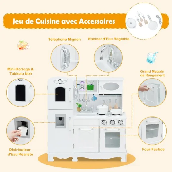 Cuisine Enfants avec Téléphone & Tableau Noir Cuisiniere Enfants avec Lumière & Effet Sonore pour Enfants de 3 Ans+