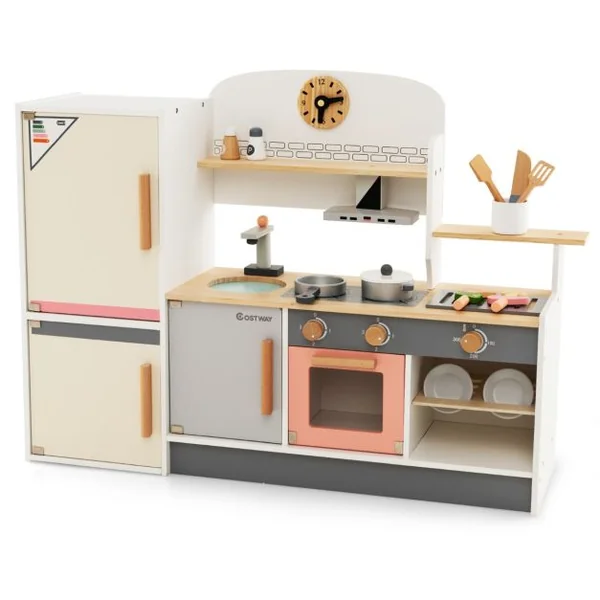 Cuisine Enfants en Bois avec 16 Accessoires & Horloge Réfrigérateur & Hotte Espace de Stockage Lumière pour 3 Ans+