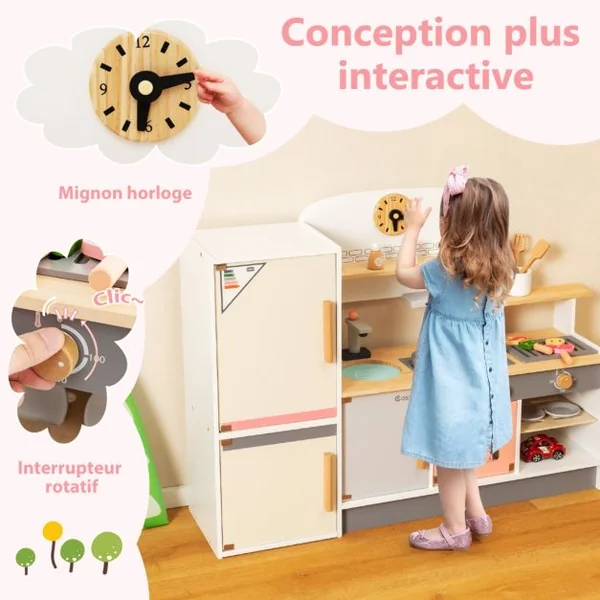 Cuisine Enfants en Bois avec 16 Accessoires & Horloge Réfrigérateur & Hotte Espace de Stockage Lumière pour 3 Ans+