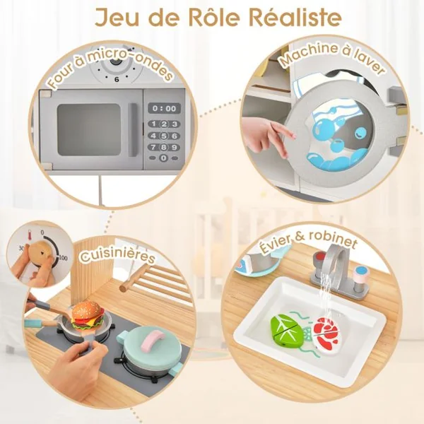 Cuisine Enfants en Bois avec 17 Accessoires pour Enfants de 3 Ans+