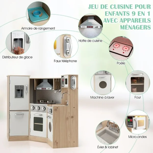 Cuisine Enfants en Bois XXL Angle 105 x 49 x 85 cm ( L x l x H ) Cuisine Complet avec Four Lave Linge 3 An+