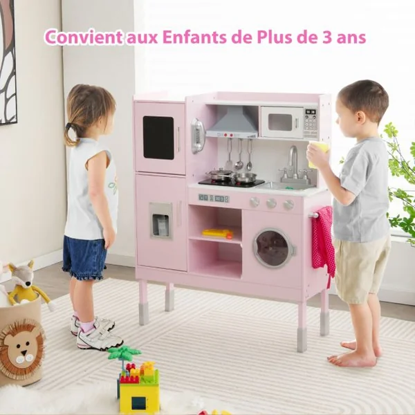 Cuisine Enfants Rose avec 16 Accessoires & 3 Hauteur Réglable Jeu de Cuisine avec Sons et Lumières Jouet d'Imitation pour Enfants de 3 Ans+