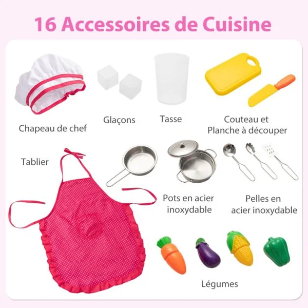 Cuisine Enfants Rose avec 16 Accessoires & 3 Hauteur Réglable Jeu de Cuisine avec Sons et Lumières Jouet d'Imitation pour Enfants de 3 Ans+