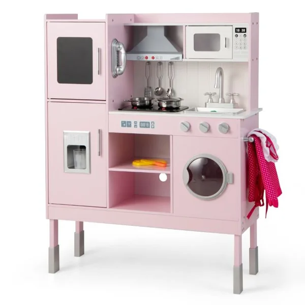 Cuisine Enfants Rose avec 16 Accessoires & 3 Hauteur Réglable Jeu de Cuisine avec Sons et Lumières Jouet d'Imitation pour Enfants de 3 Ans+