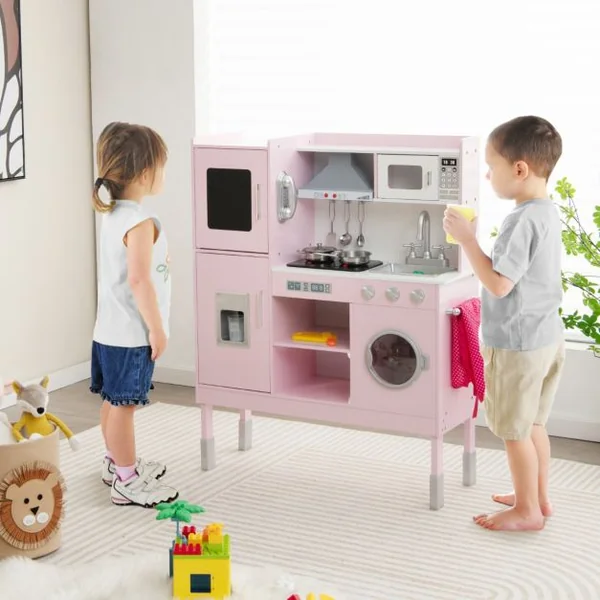 Cuisine Enfants Rose avec 16 Accessoires & 3 Hauteur Réglable Jeu de Cuisine avec Sons et Lumières Jouet d'Imitation pour Enfants de 3 Ans+