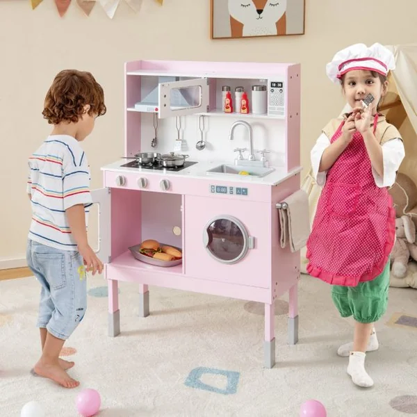 Cuisine Enfants Rose avec Accessoires & 3 Hauteur Réglable Jeu de Cuisine avec Sons et Lumières Jouet d'Imitation pour Enfants de 3 Ans+