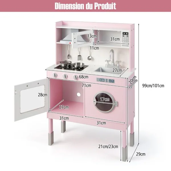 Cuisine Enfants Rose avec Accessoires & 3 Hauteur Réglable Jeu de Cuisine avec Sons et Lumières Jouet d'Imitation pour Enfants de 3 Ans+
