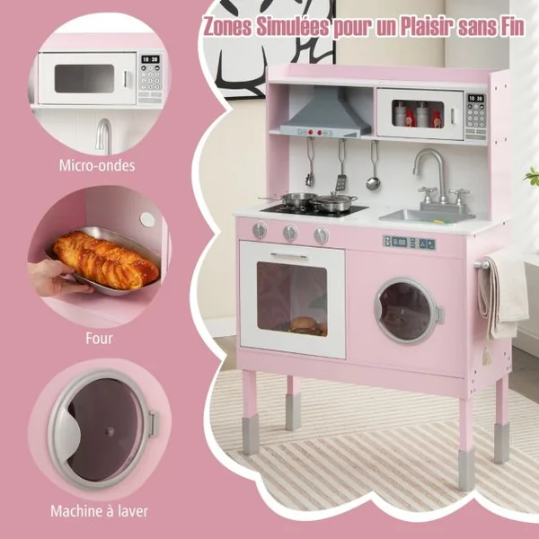 Cuisine Enfants Rose avec Accessoires & 3 Hauteur Réglable Jeu de Cuisine avec Sons et Lumières Jouet d'Imitation pour Enfants de 3 Ans+
