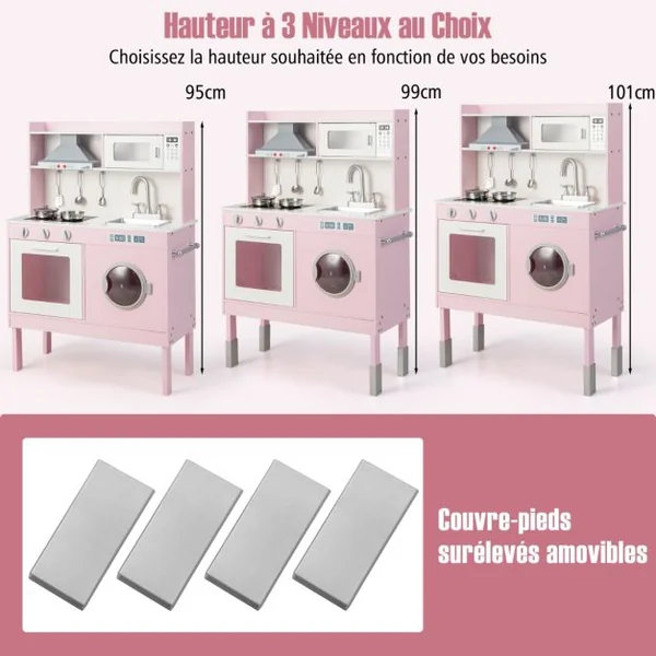 Cuisine Enfants Rose avec Accessoires & 3 Hauteur Réglable Jeu de Cuisine avec Sons et Lumières Jouet d'Imitation pour Enfants de 3 Ans+