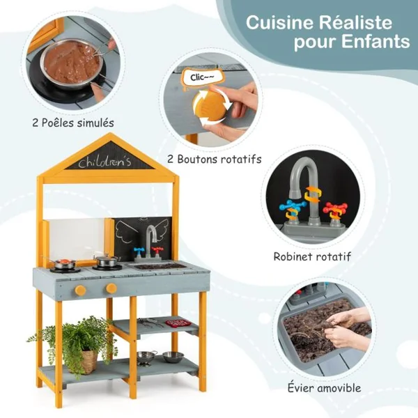 Cuisine Extérieure pour Enfants avec Jardinière Robinet Rotatif et Evier Amovible 2 Tableaux Noirs Accessoires de Batterie pour 3+ Ans Bleu
