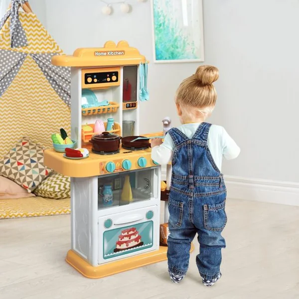 Cuisine pour Enfant avec 38 Accessoires de Jouets Lumières Boîte à Musique Jaune