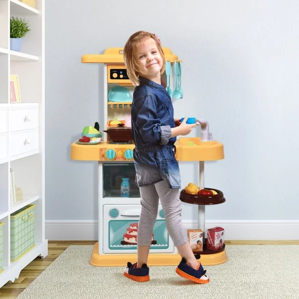 Cuisine pour Enfant avec 38 Accessoires de Jouets Lumières Boîte à Musique Jaune