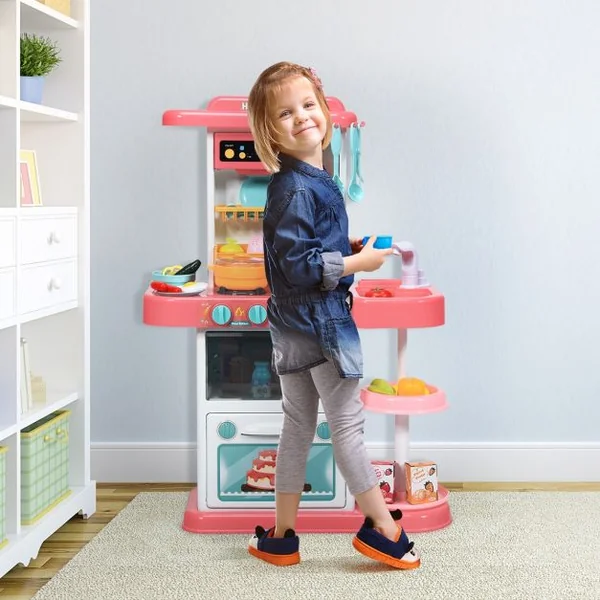 Cuisine pour Enfant avec 38 Accessoires de Jouets Lumières Boîte à Musique Rose
