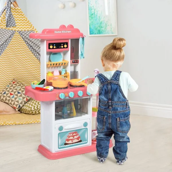 Cuisine pour Enfant avec 38 Accessoires de Jouets Lumières Boîte à Musique Rose