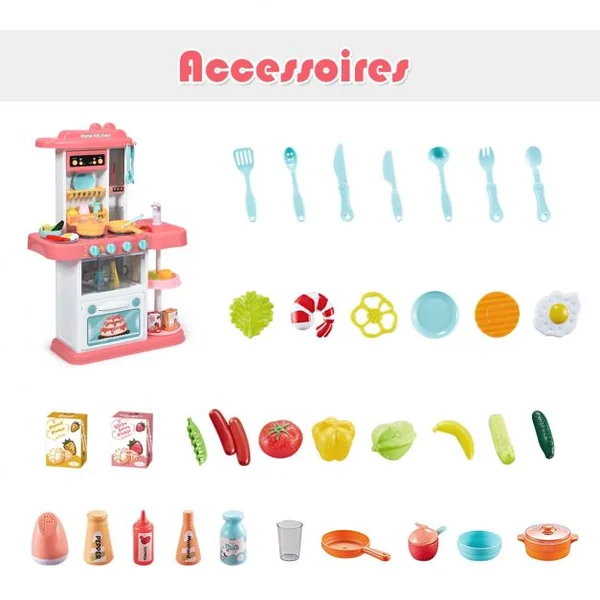 Cuisine pour Enfant avec 38 Accessoires de Jouets Lumières Boîte à Musique Rose