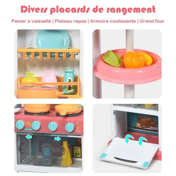 Cuisine pour Enfant avec 38 Accessoires de Jouets Lumières Boîte à Musique Rose