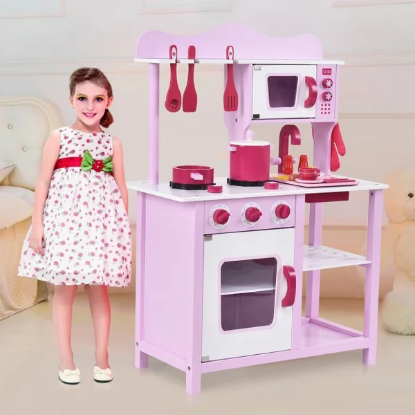 Cuisine pour Enfant en Bois Cuisine de Jouets Cuisine de Jeux Cuisine Éducatif Jeux de Rôle avec accessoires rose
