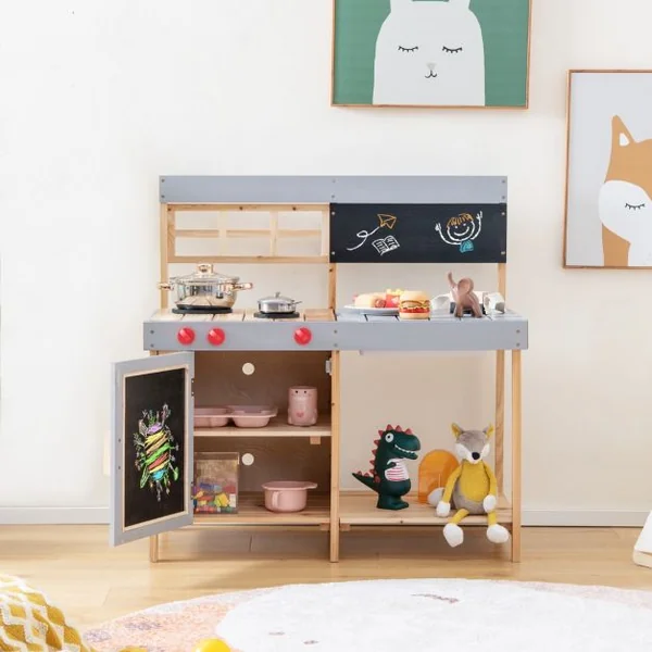 Cuisine pour Enfant en Bois de Sapin Extérieure & Intérieure Comptoir Mobile Boutons Réel Rotatifs 89 x 45 x 90 CM 3 Ans+