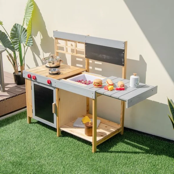 Cuisine pour Enfant en Bois de Sapin Extérieure & Intérieure Comptoir Mobile Boutons Réel Rotatifs 89 x 45 x 90 CM 3 Ans+
