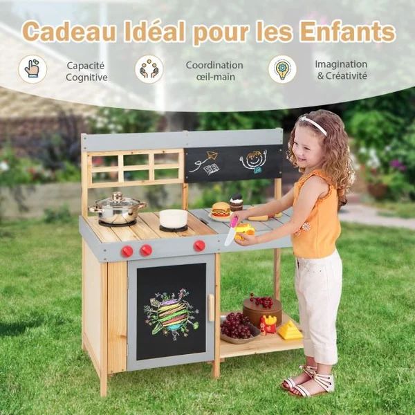 Cuisine pour Enfant en Bois de Sapin Extérieure & Intérieure Comptoir Mobile Boutons Réel Rotatifs 89 x 45 x 90 CM 3 Ans+