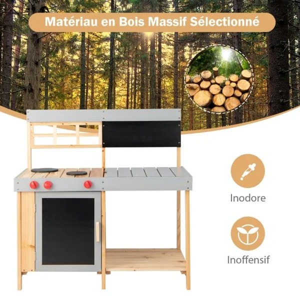 Cuisine pour Enfant en Bois de Sapin Extérieure & Intérieure Comptoir Mobile Boutons Réel Rotatifs 89 x 45 x 90 CM 3 Ans+