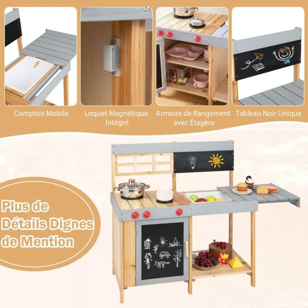 Cuisine pour Enfant en Bois de Sapin Extérieure & Intérieure Comptoir Mobile Boutons Réel Rotatifs 89 x 45 x 90 CM 3 Ans+