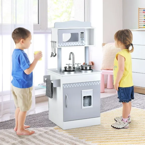 Cuisine pour Enfants en Bois 2 Face avec Four Evier Distributeur de Glace Horloge Mignonne Porte-serviettes 3 Ans+