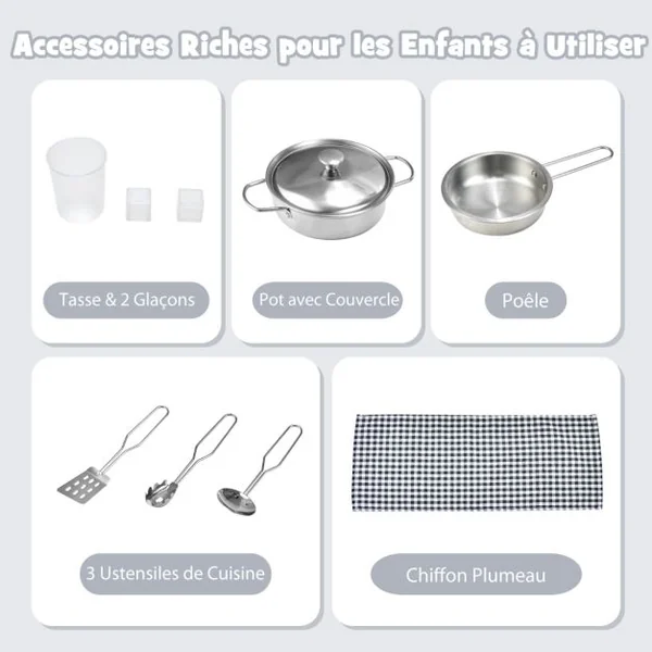 Cuisine pour Enfants en Bois 2 Face avec Four Evier Distributeur de Glace Horloge Mignonne Porte-serviettes 3 Ans+