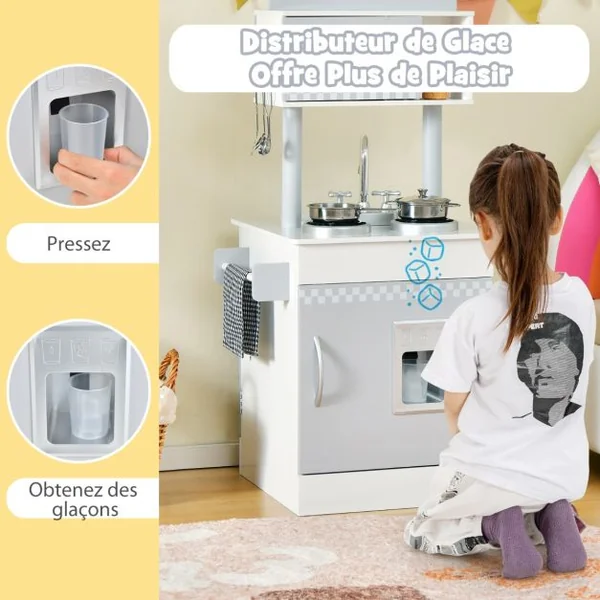 Cuisine pour Enfants en Bois 2 Face avec Four Evier Distributeur de Glace Horloge Mignonne Porte-serviettes 3 Ans+