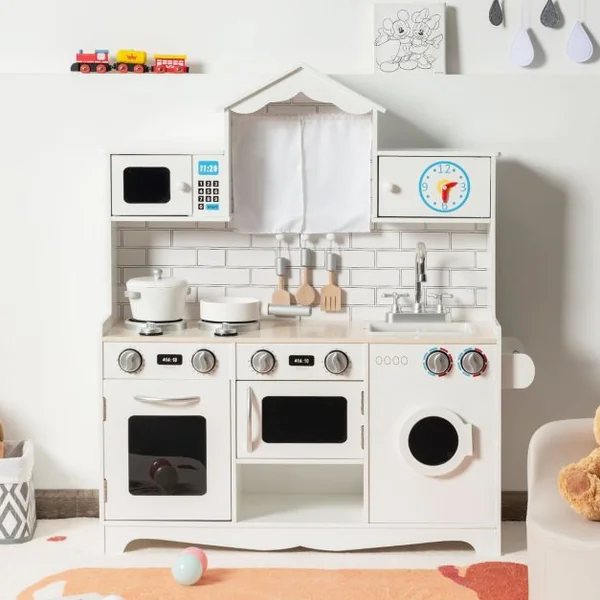 Cuisine pour Enfants en Bois 3 Ans+ Cuisiniere Enfants avec Lumière & Effet Sonore Machine à Laver Micro-Ondes