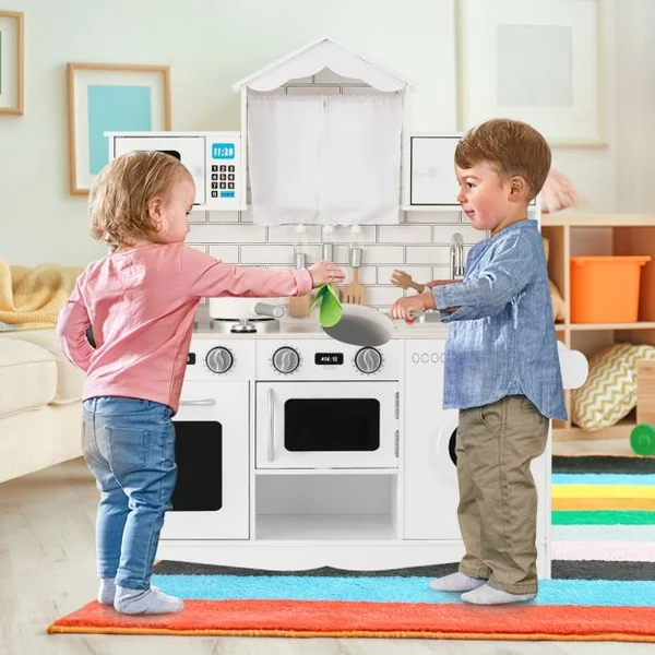 Cuisine pour Enfants en Bois 3 Ans+ Cuisiniere Enfants avec Lumière & Effet Sonore Machine à Laver Micro-Ondes