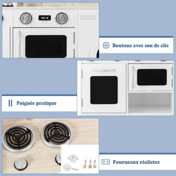 Cuisine pour Enfants en Bois 3 Ans+ Cuisiniere Enfants avec Lumière & Effet Sonore Machine à Laver Micro-Ondes