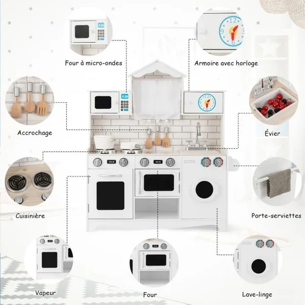 Cuisine pour Enfants en Bois 3 Ans+ Cuisiniere Enfants avec Lumière & Effet Sonore Machine à Laver Micro-Ondes