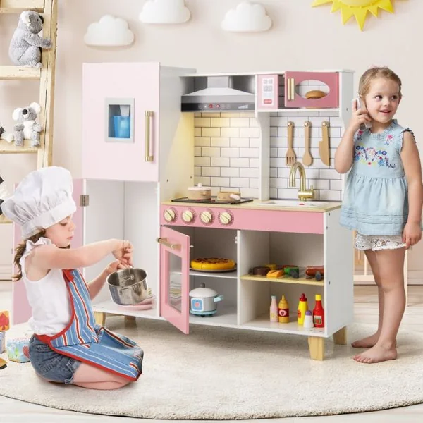Cuisine pour Enfants en Bois avec Machine à Glaçons Hotte Tableau Noir Barbecue Ustensiles avec Lumières et Sons Cadeau pour les 3+ Ans Rose