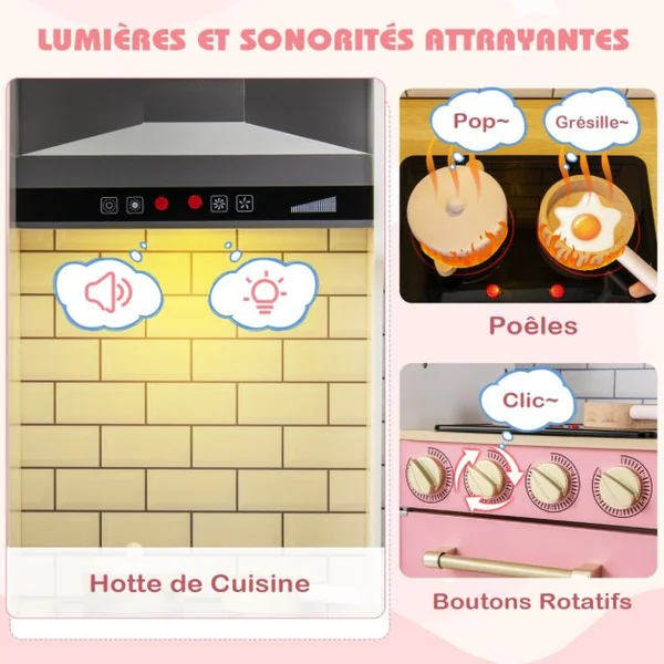Cuisine pour Enfants en Bois avec Machine à Glaçons Hotte Tableau Noir Barbecue Ustensiles avec Lumières et Sons Cadeau pour les 3+ Ans Rose